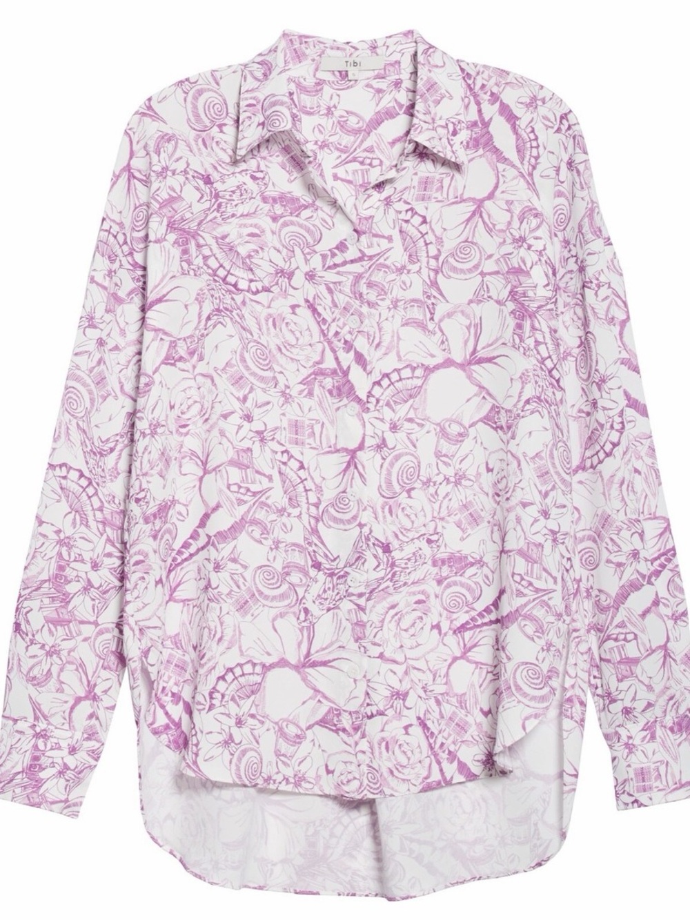 TIBI Lilac Isa Toile Print Crepe Button-Down Long Sleeve Shirt Blouse Sz S